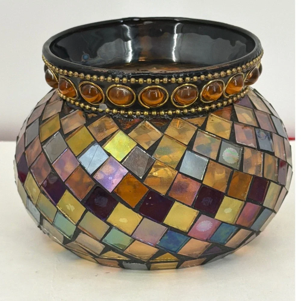 PartyLite Mosaic Glass Candle Holder Iridescent Amber Gold Beaded Trim Votive